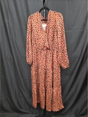 Long Sleeve Maxi Dress with Belt Black Spots on Brown XL